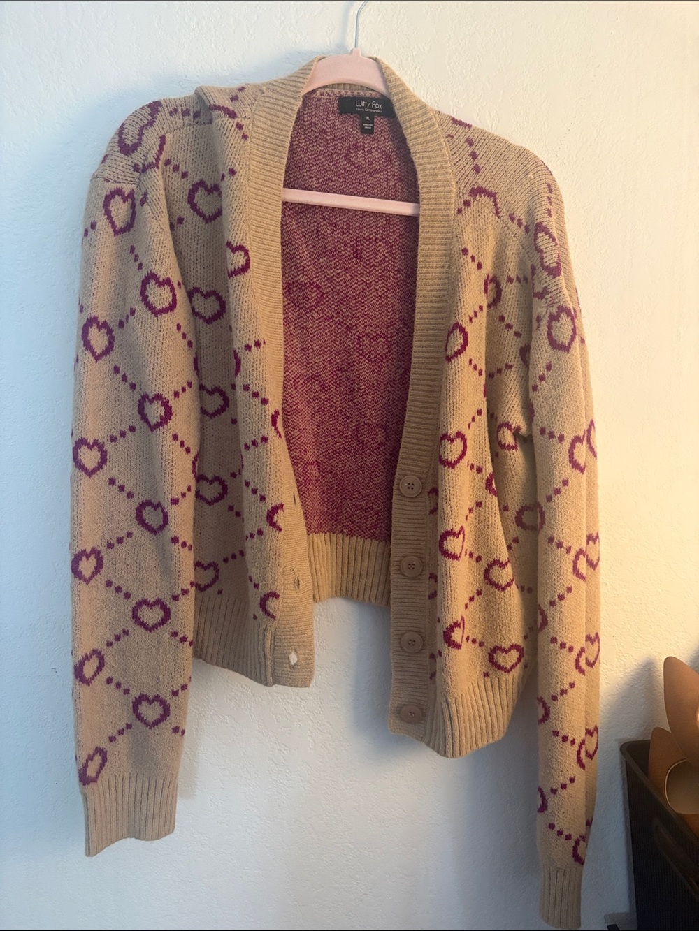 Light Beige Heart-Pattern Button Cardigan